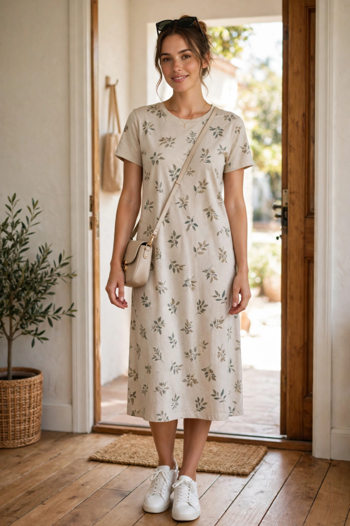 Floral cotton t-shirt midi dress with white sneakers and crossbody bag - cute outfit ideas for day trips