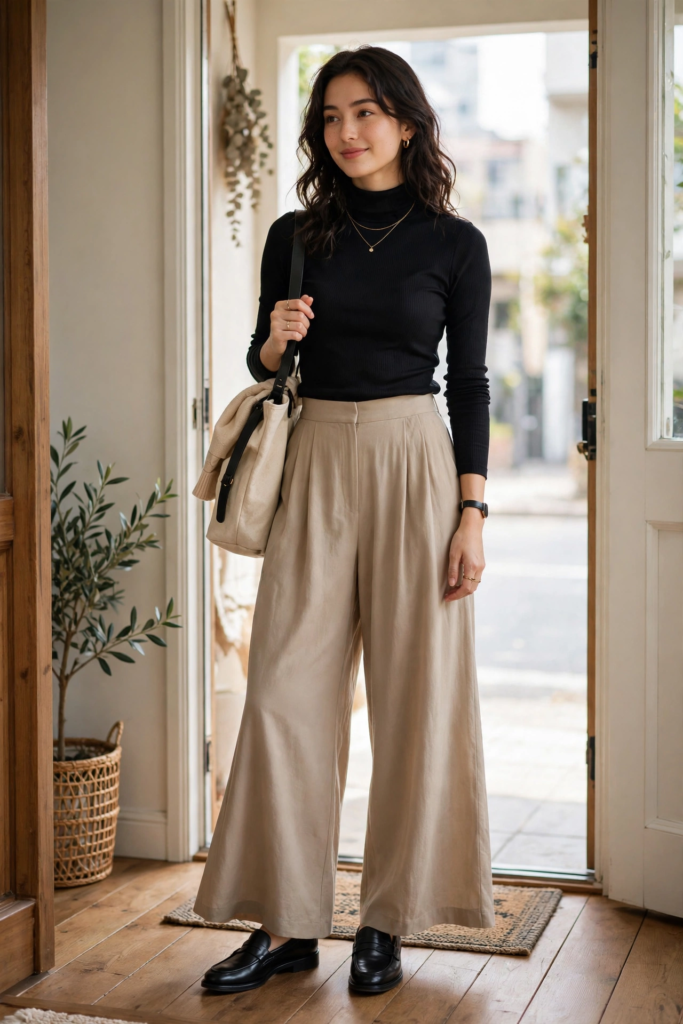 Beige wide-leg pants with black fitted top and loafers - cute outfit ideas for casual dinners