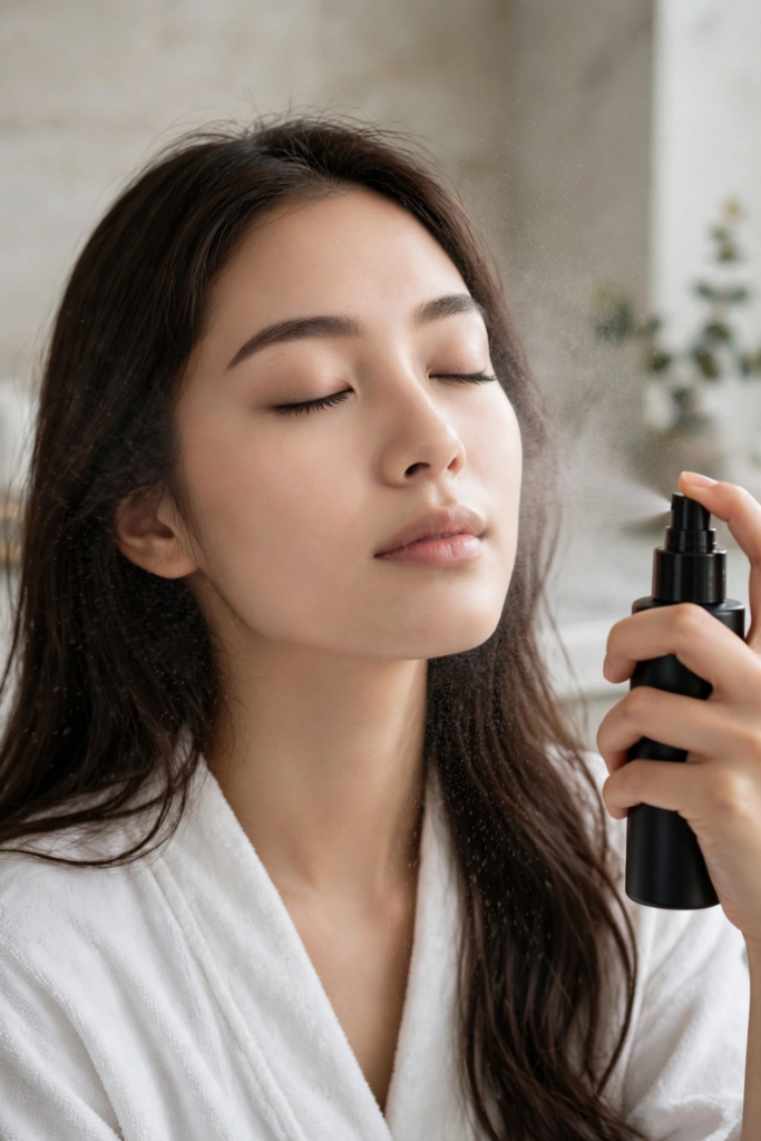 Woman spraying a fine mist setting spray onto her face as part of beauty hacks for oily skin.
