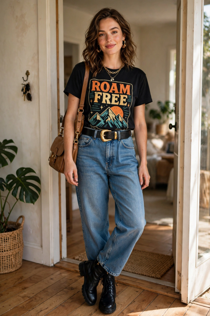 Black graphic tee ROAM FREE with relaxed blue jeans and ankle boots - cute outfit ideas for casual weekends