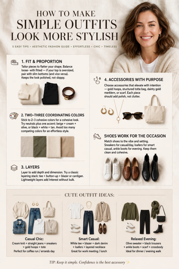 How to make simple outfits look more stylish - 5 easy tips for cute outfit ideas including fit and proportion colors layers accessories shoes