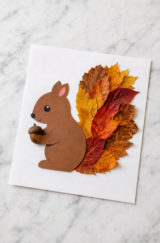 DIY squirrel paper and autumn leaf craft on white paper holding an acorn, an easy idea for fall crafts for kids.