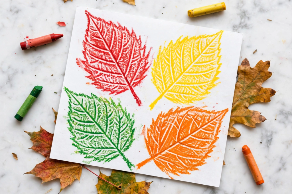 Colorful crayon leaf rubbings in red, yellow, green, and orange on paper, a creative idea for fall crafts for kids.