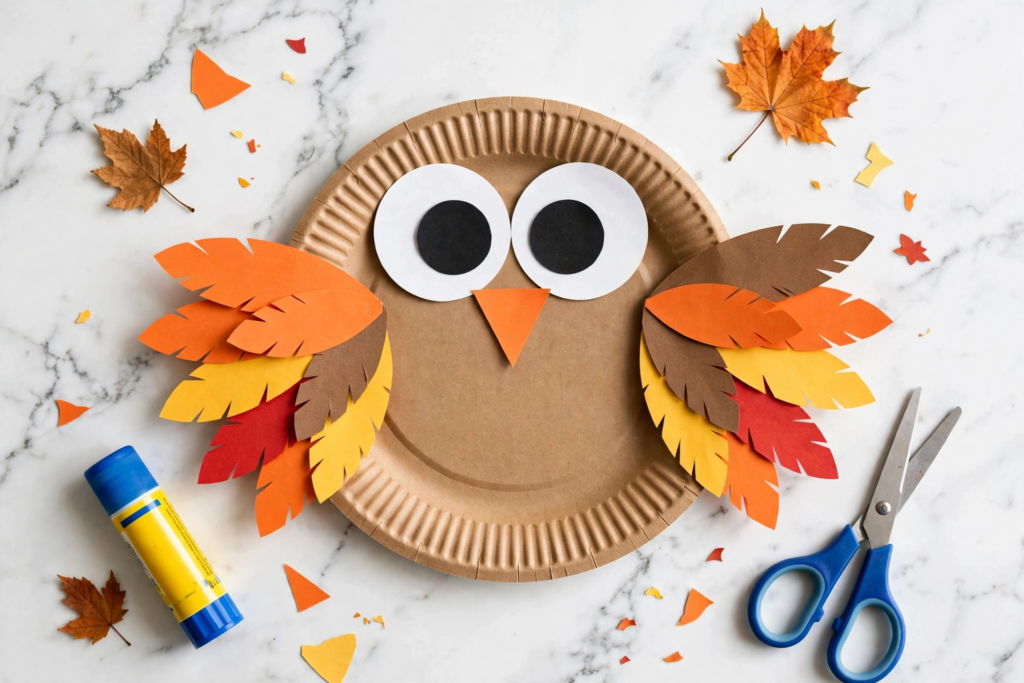 Paper plate owl craft with big paper eyes and colorful autumn feather wings, an easy idea for fall crafts for kids.