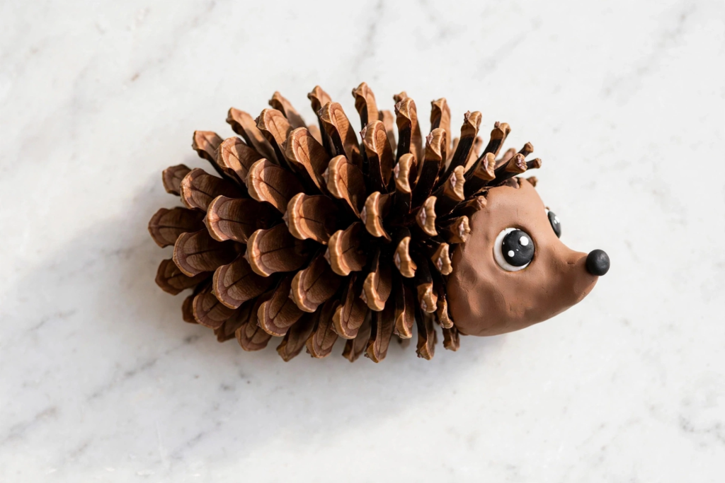 Pinecone hedgehog craft with brown clay face on white marble, a cute nature idea for fall crafts for kids.
