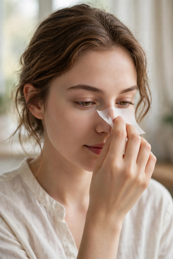Woman dabbing her nose with an oil blotting sheet as part of beauty hacks for oily skin.