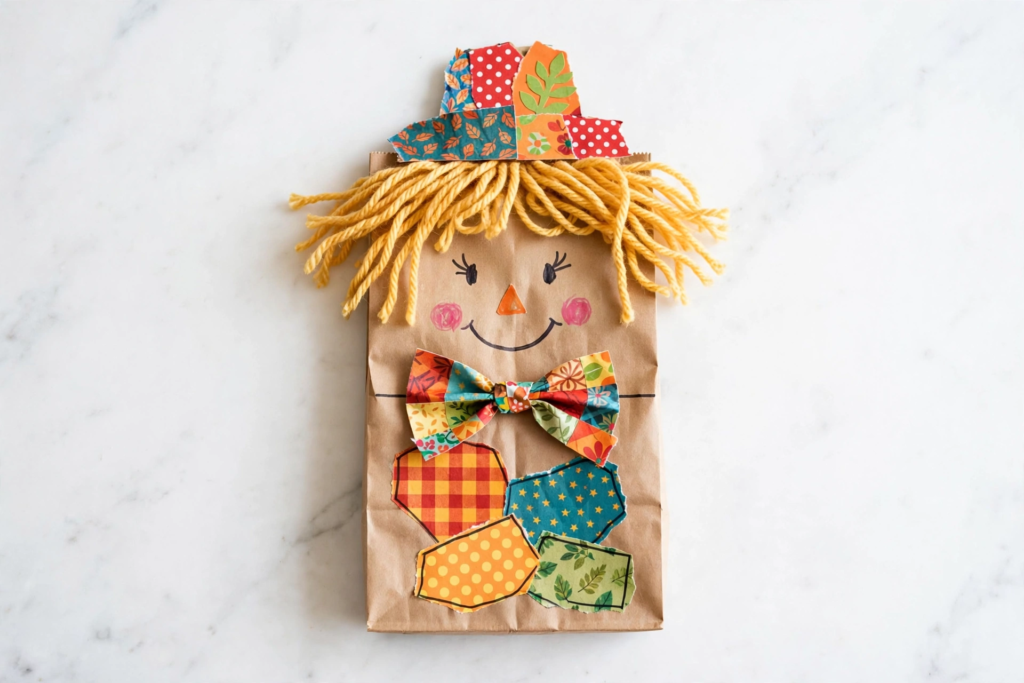 Paper bag scarecrow craft with yellow yarn hair, paper bow tie, and colorful patches, a cute idea for fall crafts for kids.   