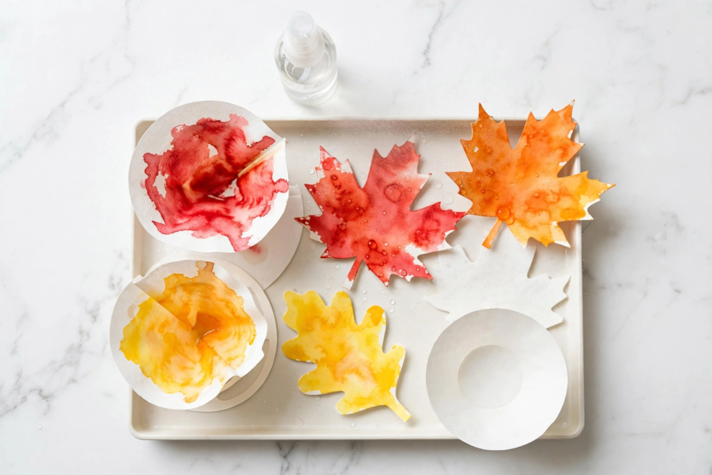 Coffee filter fall leaf craft with watercolor paint and water spray bottle, an easy idea for fall crafts for kids.   