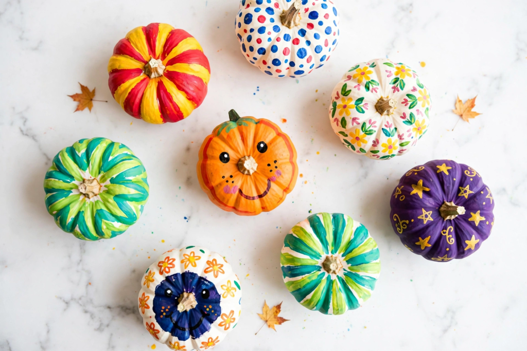 Colorful hand-painted mini pumpkins with floral, polka dot, and smiley face patterns, a creative no-carve idea for fall crafts for kids.   