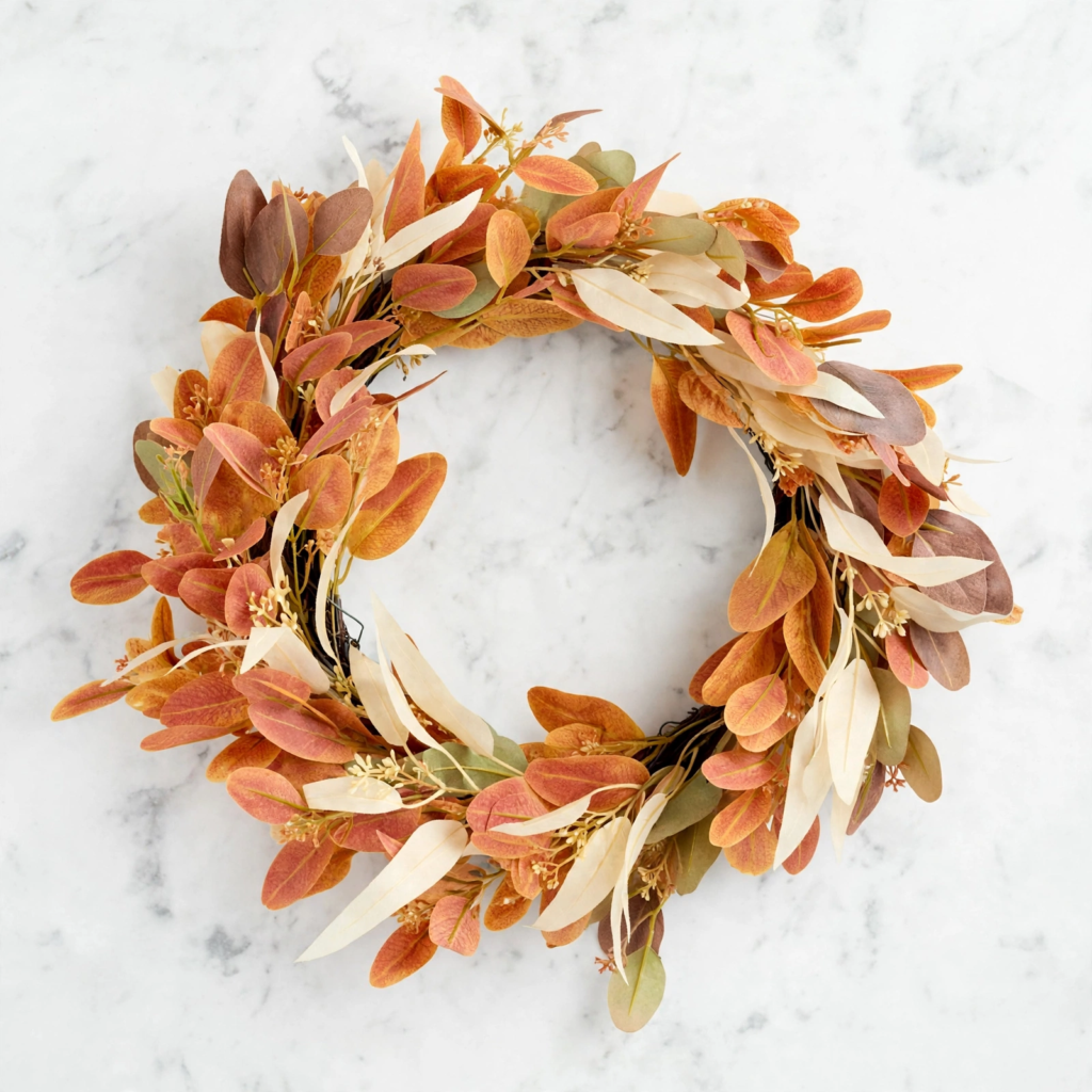 DIY autumn foliage wreath crafted with rust, cream, and olive dried eucalyptus leaves, an easy seasonal idea for fall crafts for kids.   