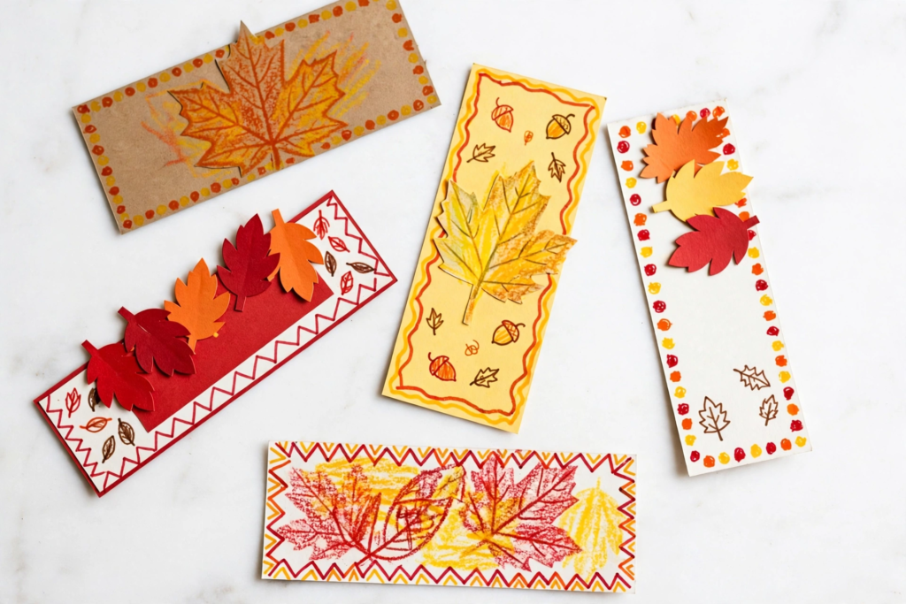 DIY autumn leaf bookmarks decorated with leaf rubbings, cutouts, and doodles, a creative idea for fall crafts for kids.   