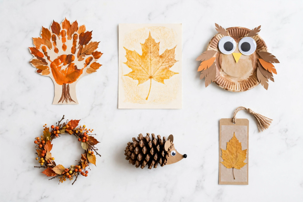 Flat lay collection of DIY autumn art projects including a handprint leaf tree, paper plate owl, pinecone hedgehog, and berry wreath, easy ideas for fall crafts for kids.   