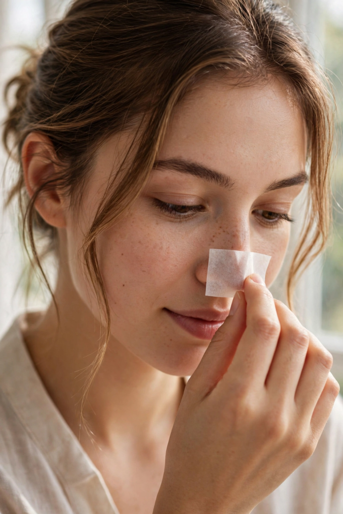 Woman gently pressing an oil-absorbing sheet onto her nose demonstrating beauty hacks for oily skin.