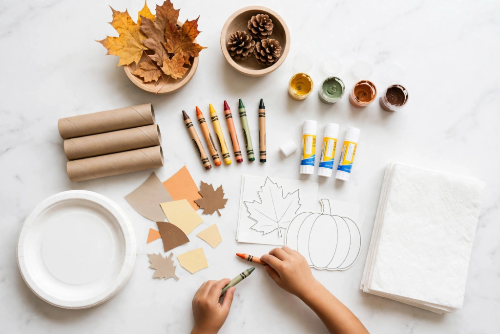 Child coloring autumn pumpkin and leaf cutouts with crayons and art supplies, an easy activity for fall crafts for kids.   