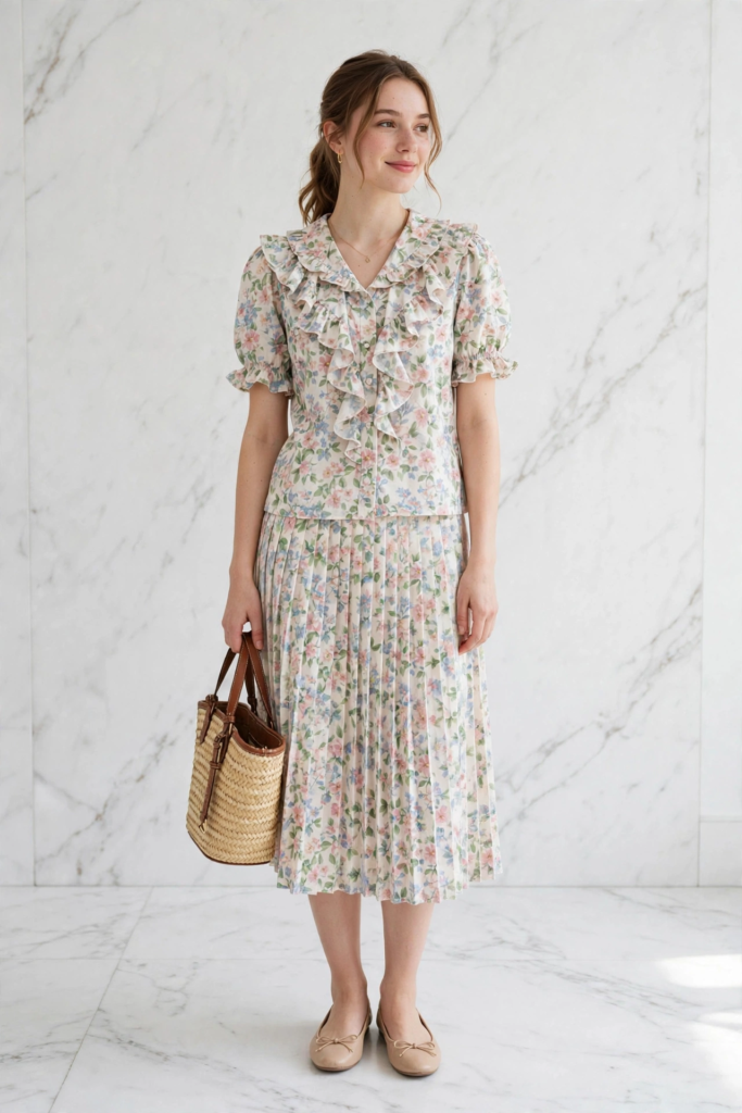Woman wearing a pastel floral ruffle blouse and matching pleated midi skirt holding a woven straw tote bag, showcasing chic spring outfit ideas for women.