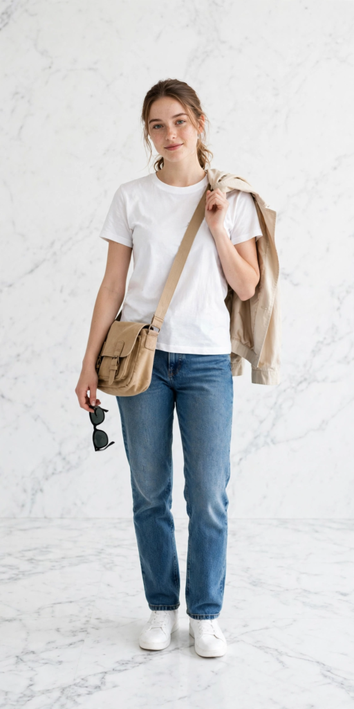 Woman wearing a classic white t-shirt, straight-leg blue jeans, white sneakers, and a tan crossbody bag, demonstrating casual spring outfit ideas for women.