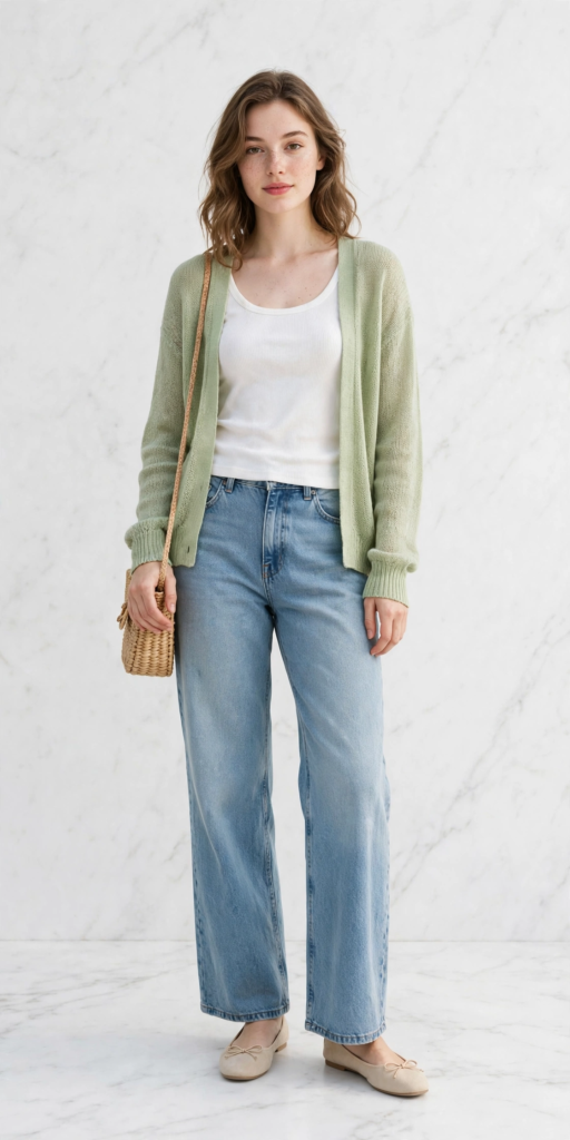 Woman wearing a light sage green cardigan over a white tank top with wide-leg blue jeans, highlighting stylish spring outfit ideas for women.   