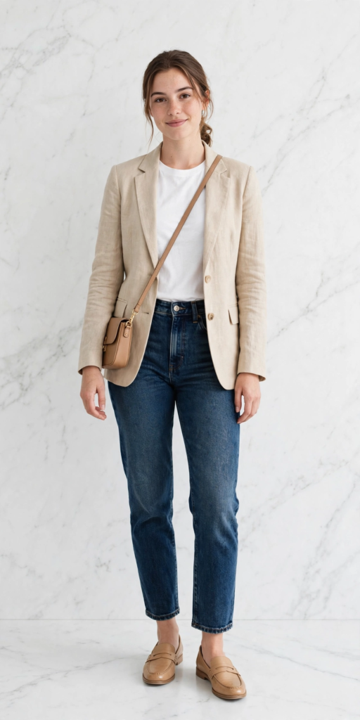 Woman wearing a beige tailored linen blazer over a white t-shirt and high-waisted dark jeans, presenting smart-casual spring outfit ideas for women.   