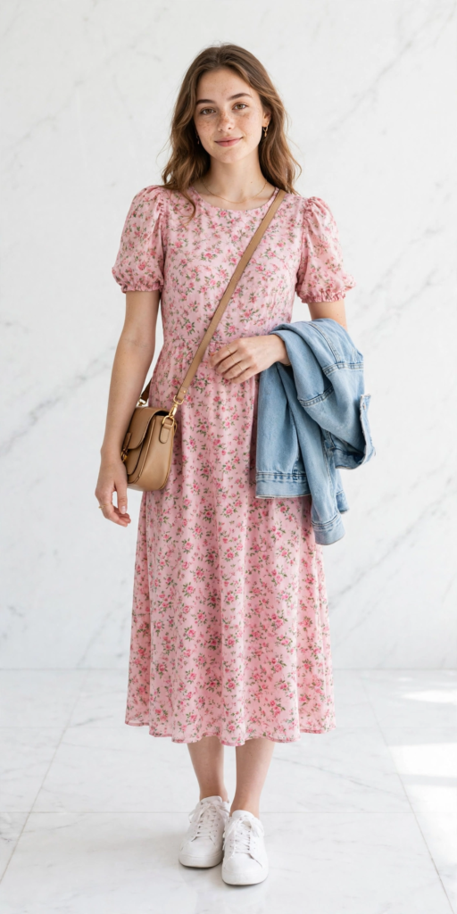 Woman wearing a pink floral puff-sleeve midi dress with white sneakers, carrying a tan crossbody bag and denim jacket, highlighting feminine spring outfit ideas for women.   