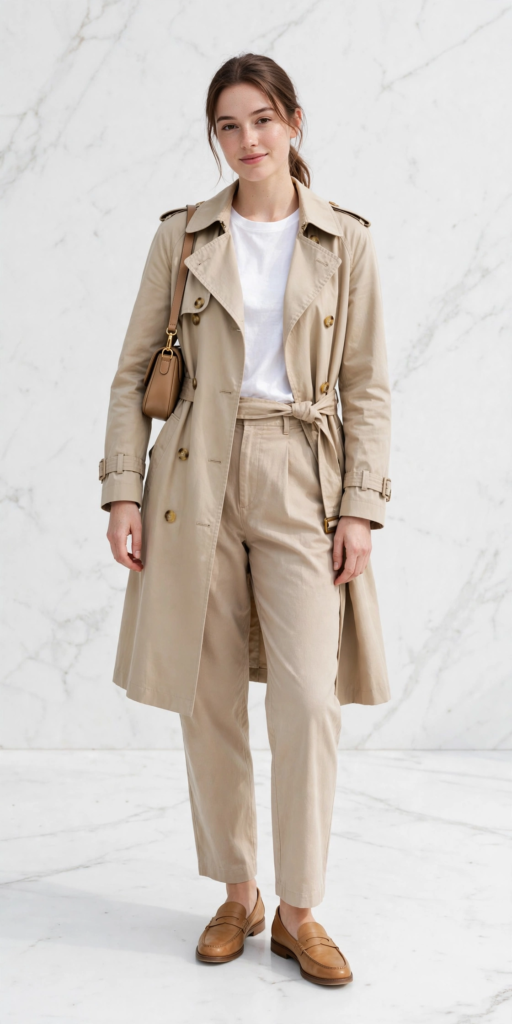 Woman wearing a classic beige trench coat over high-waisted neutral trousers, a white t-shirt, and leather loafers, showcasing chic spring outfit ideas for women.   