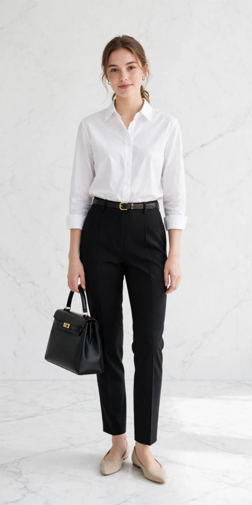 Woman wearing a crisp white button-down shirt tucked into tailored black ankle trousers with a leather belt and handbag, showcasing professional spring outfit ideas for women.   