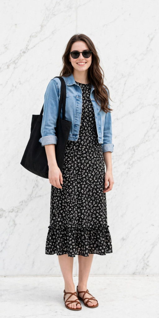 Woman wearing a black floral midi dress layered with a light denim jacket, brown strappy sandals, and a black tote bag, highlighting casual spring outfit ideas for women.   