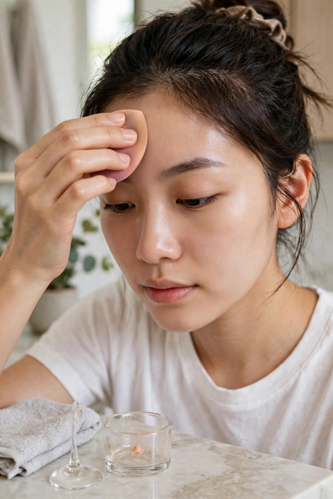 Woman applying lightweight foundation to her forehead with a makeup sponge as part of beauty hacks for oily skin.