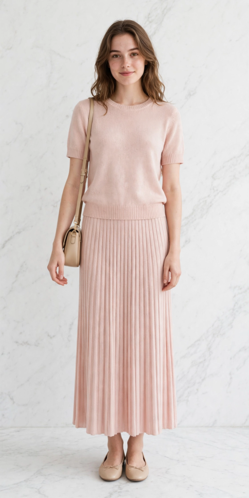 Woman wearing a soft blush pink monochrome knit set featuring a short-sleeve sweater and pleated midi skirt, demonstrating elegant spring outfit ideas for women.   
