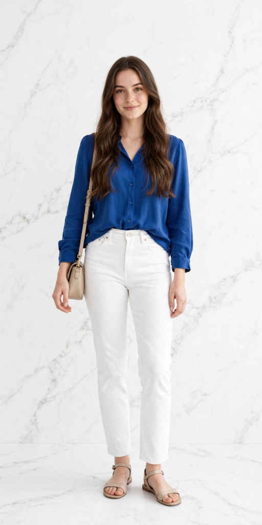 Woman wearing a cobalt royal blue button-down blouse with high-waisted white straight-leg jeans, showcasing smart-casual spring outfit ideas for women.   