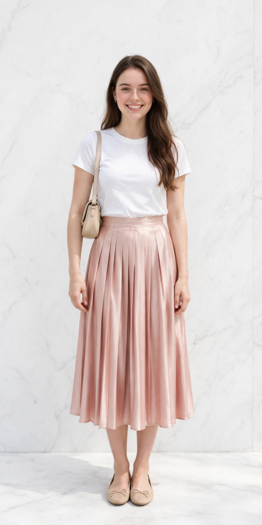 Woman wearing a white crew-neck t-shirt tucked into a shimmering dusty pink pleated satin midi skirt, showcasing elegant spring outfit ideas for women.   