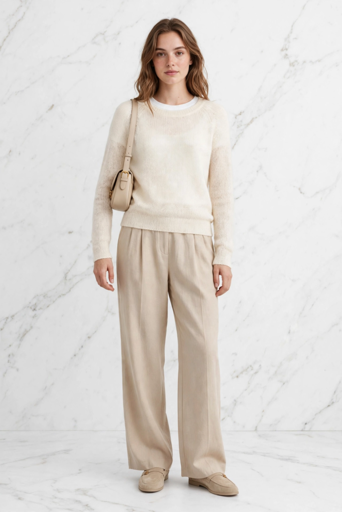 Woman wearing a lightweight cream knit sweater with beige wide-leg pleated trousers, presenting cozy, minimal spring outfit ideas for women.   