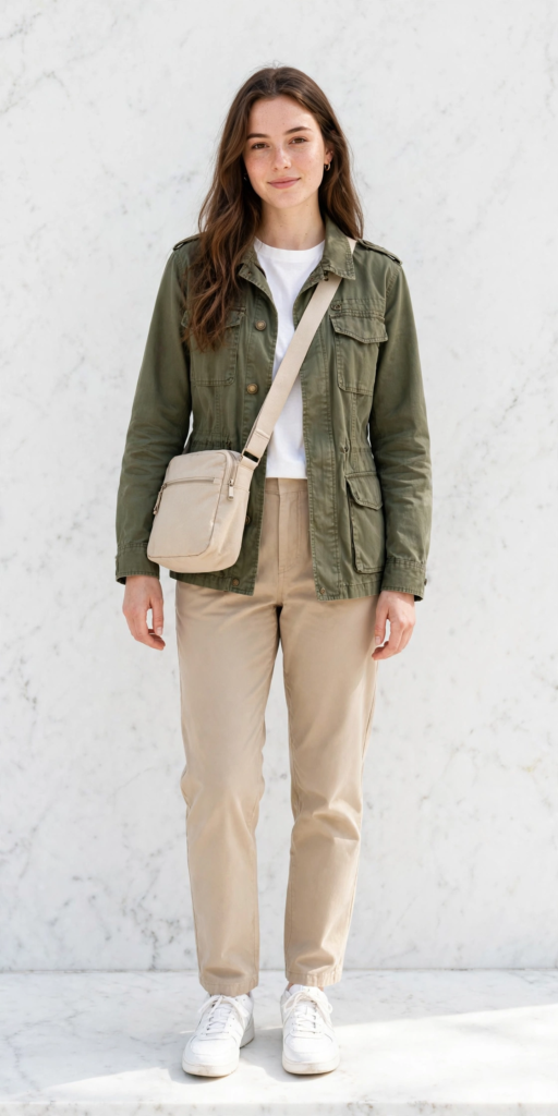 Woman wearing an olive green utility safari jacket over a white t-shirt with beige chinos and white sneakers, showcasing casual spring outfit ideas for women.   