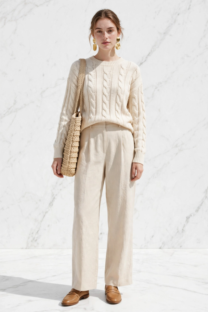 Woman wearing an ivory cable-knit sweater with cream wide-leg linen trousers, brown loafers, and a woven tote bag, showcasing elegant spring outfit ideas for women.   