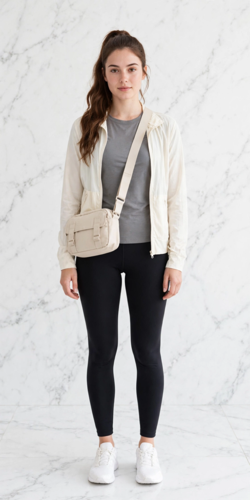 Woman wearing black workout leggings, a gray t-shirt, an off-white windbreaker jacket, and white sneakers, showcasing sporty athleisure spring outfit ideas for women.   