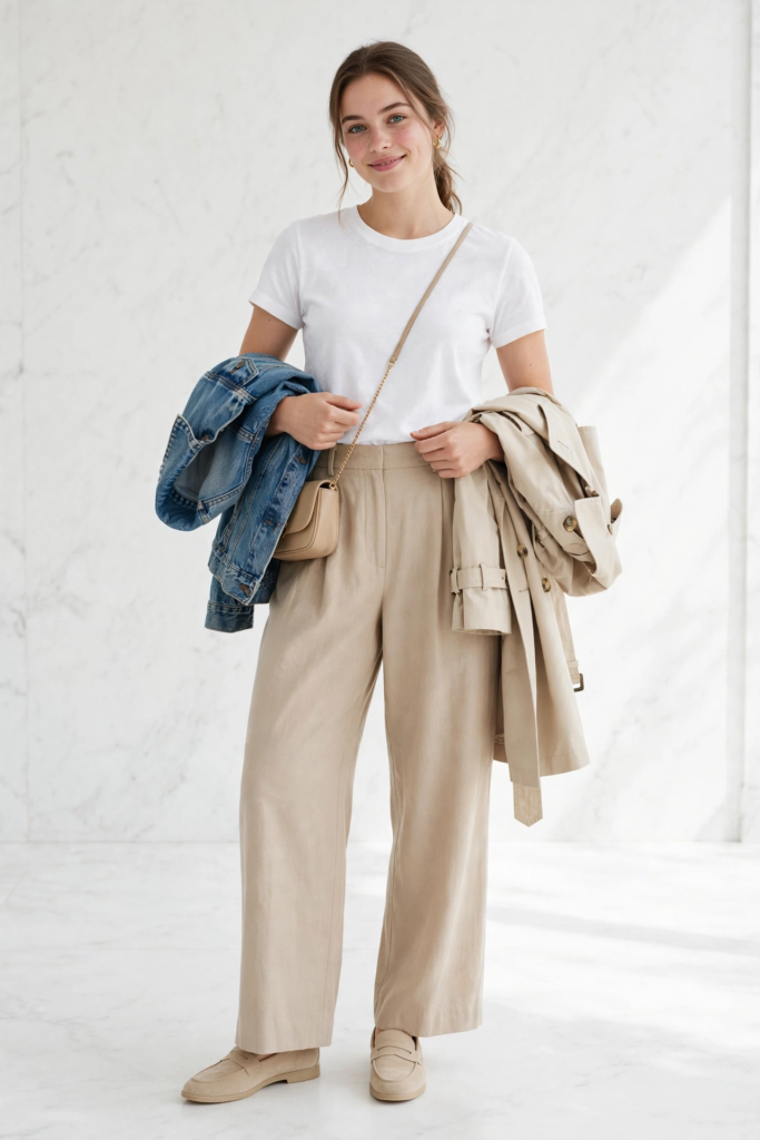 Woman wearing a white crewneck t-shirt with beige wide-leg trousers, loafers, holding a trench coat and denim jacket, highlighting transitional spring outfit ideas for women.   