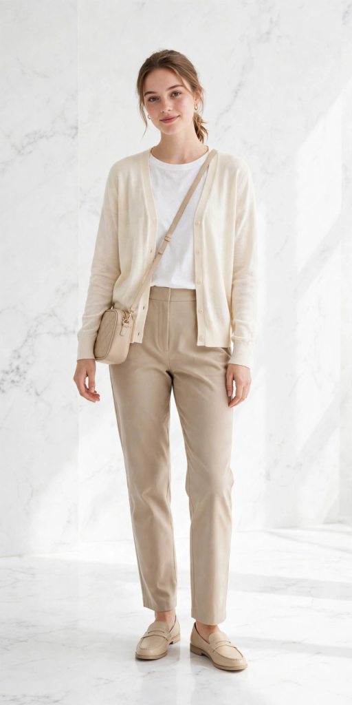 Woman wearing an ivory button-up cardigan over a white t-shirt with tailored beige ankle trousers and loafers, presenting chic spring outfit ideas for women.   