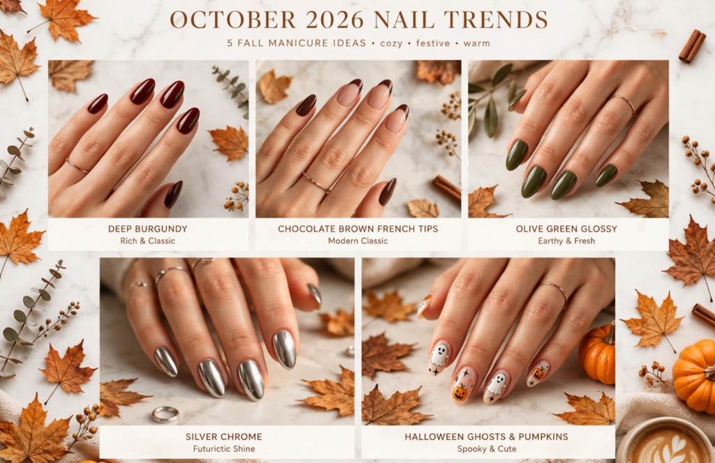 October nail ideas 2026 collage featuring five autumn manicure styles: deep burgundy, chocolate brown French tips, glossy olive green, metallic silver chrome, and cute Halloween ghost and pumpkin nail art surrounded by fall leaves.