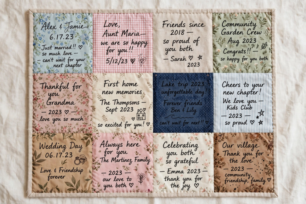 20 Nostalgic Crafts Making a Comeback in 2026 Handcrafted memory quilt made of assorted floral and patterned fabric squares inscribed with personalized handwritten notes and wedding well wishes, inspiring nostalgic crafts 2026 signature quilt and keepsake ideas.