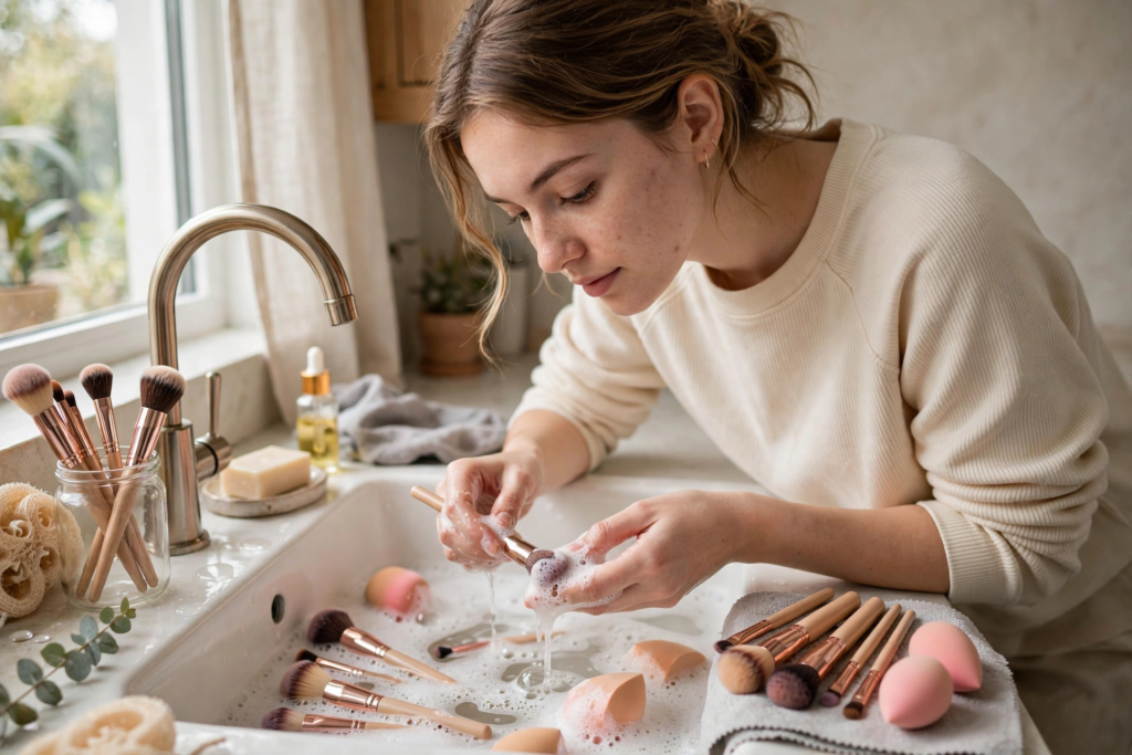 Woman washing makeup brushes and sponges in a sink to prevent breakouts as part of beauty hacks for oily skin.