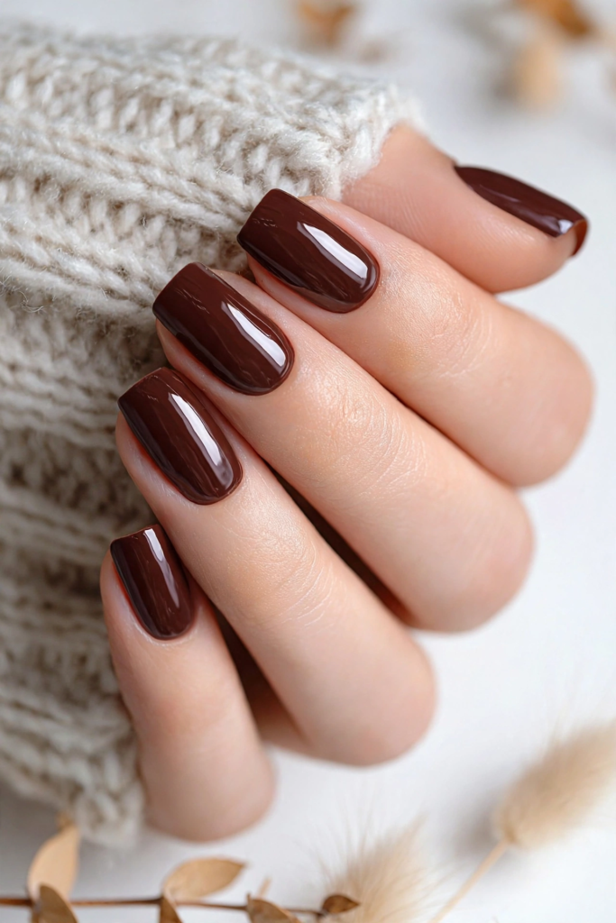 October nail ideas 2026 showing a glossy chocolate brown and espresso gel manicure on medium square nails paired with a cozy cream knit sweater sleeve.   