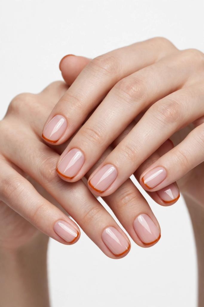 October nail ideas 2026 showing minimalist burnt orange micro French tips with a glossy sheer nude base on short, rounded square nails against a clean white background.   