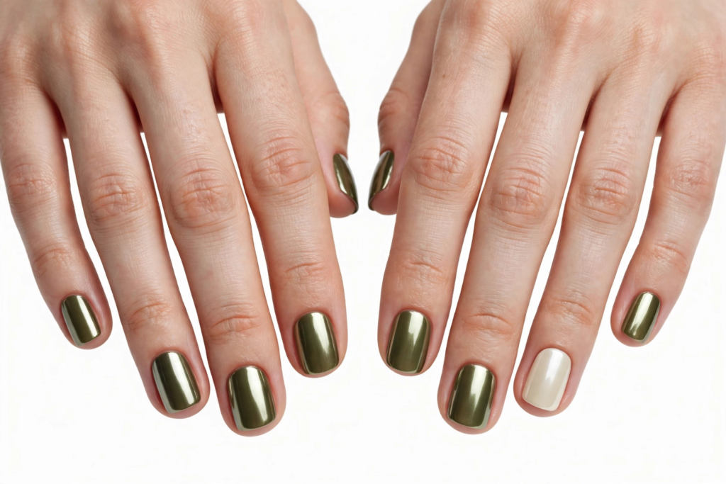 October nail ideas 2026 showing metallic olive green chrome nails with a pearlescent cream accent nail on short squoval-shaped nails against a white background.   