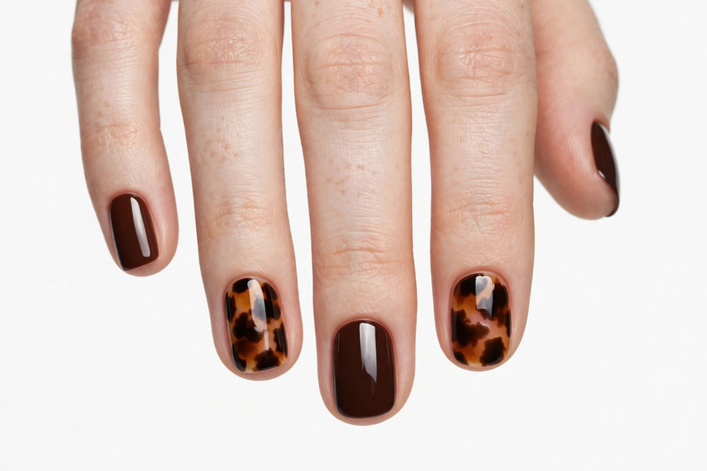 October nail ideas 2026 showing a trendy tortoiseshell nail art design mixed with glossy espresso dark brown nails on short, rounded square tips against a plain white background.   