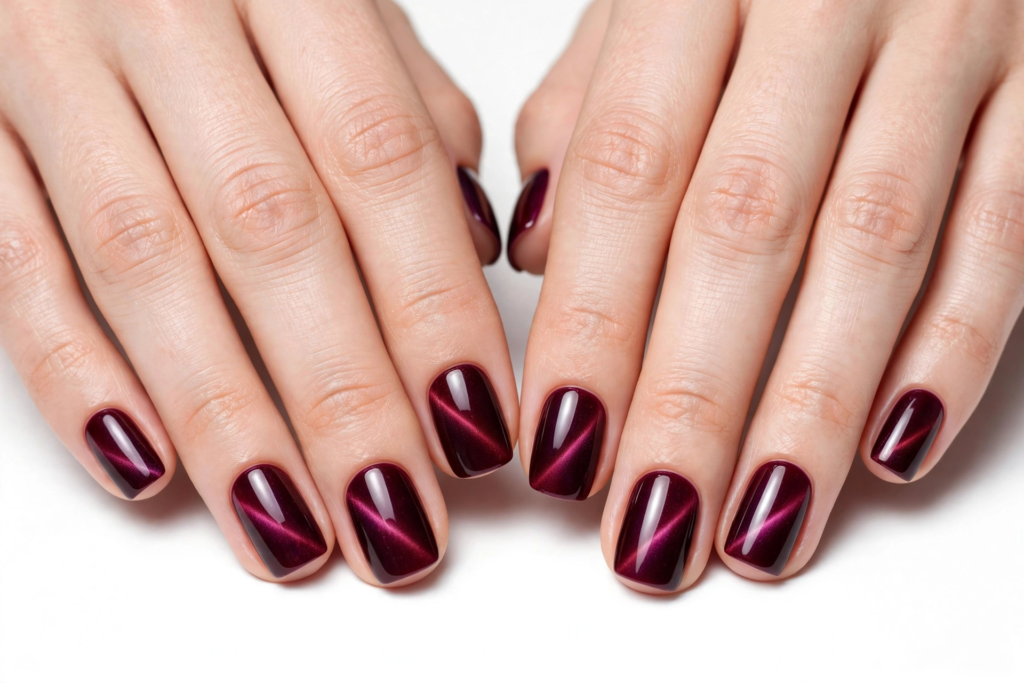 October nail ideas 2026 showing deep velvet burgundy cat eye nails with a glossy magnetic shimmer finish on short squoval tips against a white background.   