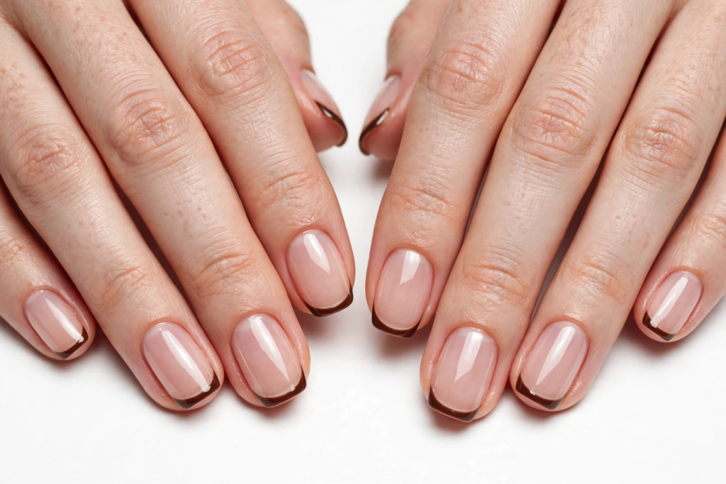 October nail ideas 2026 showing minimalist dark chocolate brown micro French tips over a sheer glossy nude base on natural squoval nails against a clean white background.   