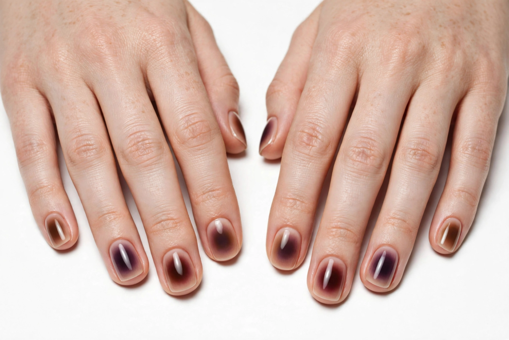 October nail ideas 2026 showing trendy dark aura nails with a deep smoky purple and brown gradient center over a glossy neutral base on short natural nails against a white background.   