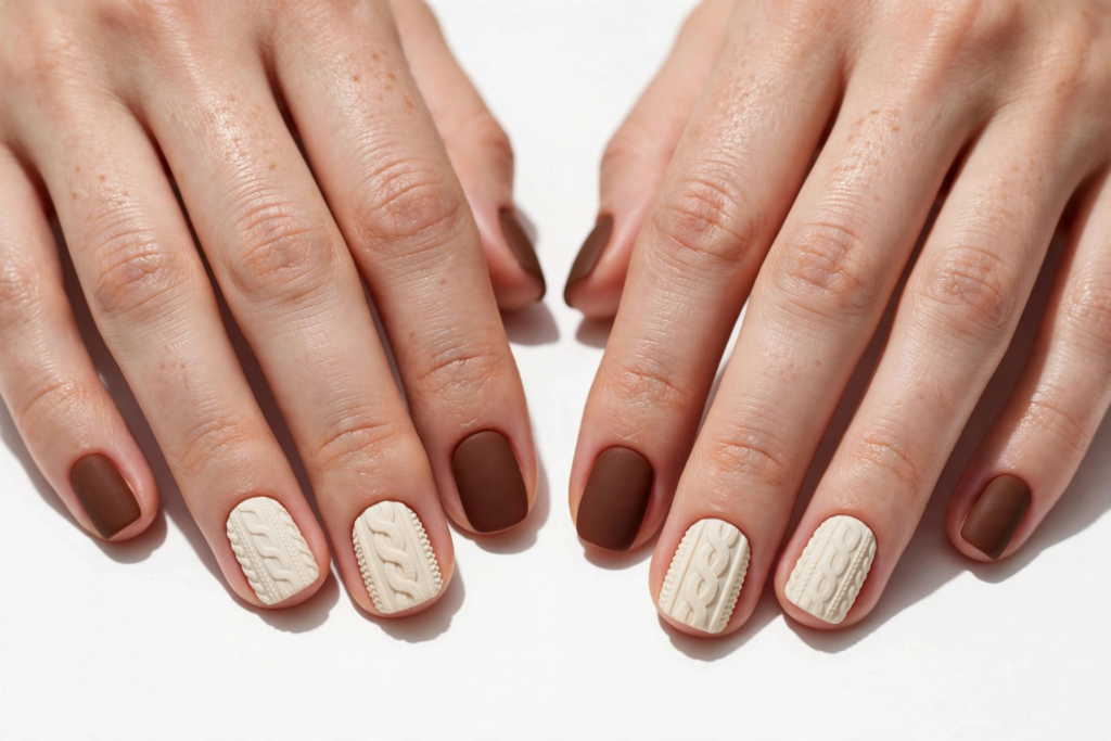 October nail ideas 2026 showing textured cream 3D cable knit sweater accent nails paired with matte chocolate brown polish on short squoval nails against a white background.   