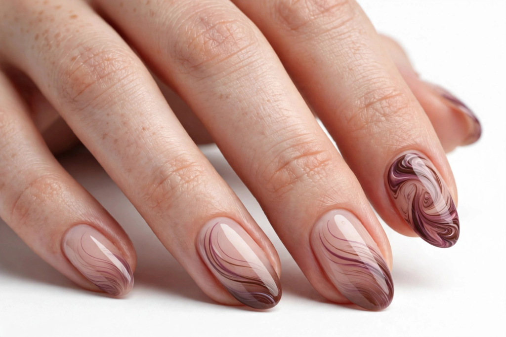 October nail ideas 2026 showing elegant mocha and mauve swirl marble nail art over a sheer nude base on oval-shaped nails against a clean white background.   
