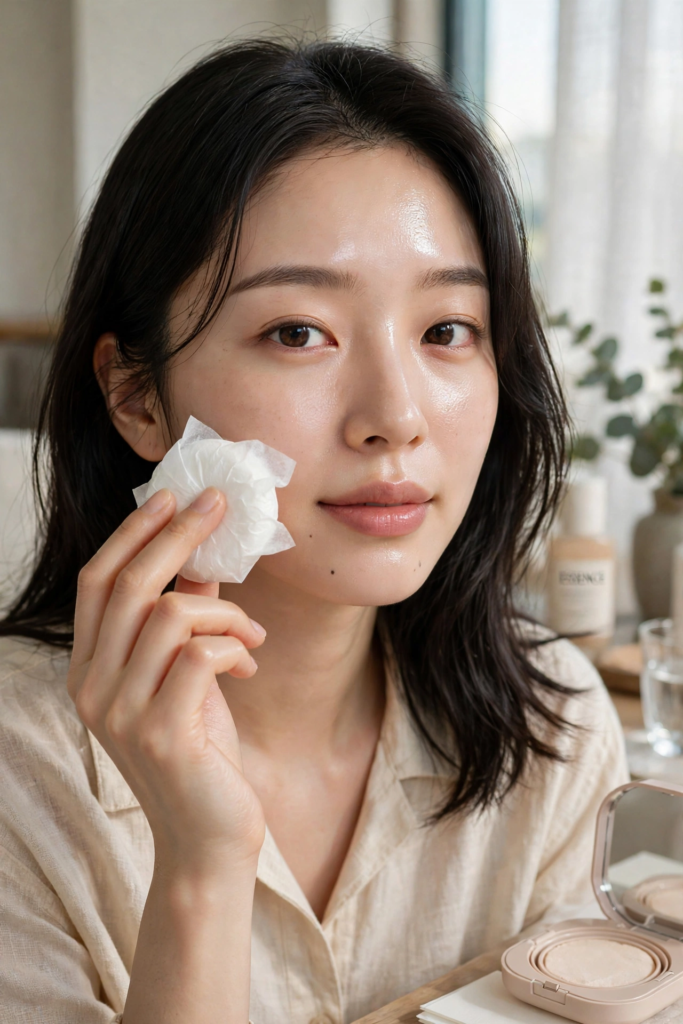 Woman dabbing an oil-absorbing sheet on her cheek to control shine as part of beauty hacks for oily skin.