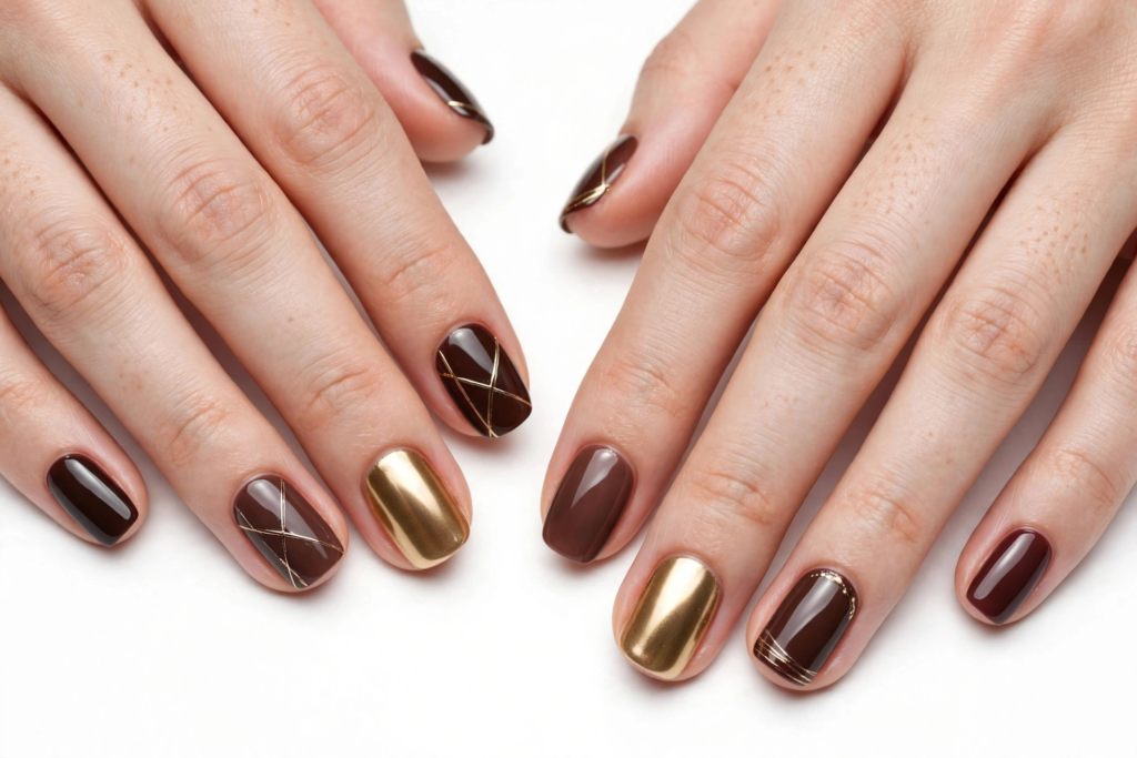 October nail ideas 2026 showing deep chocolate brown nails paired with metallic gold chrome accent nails and fine gold geometric line art on short squoval nails against a clean white background.   